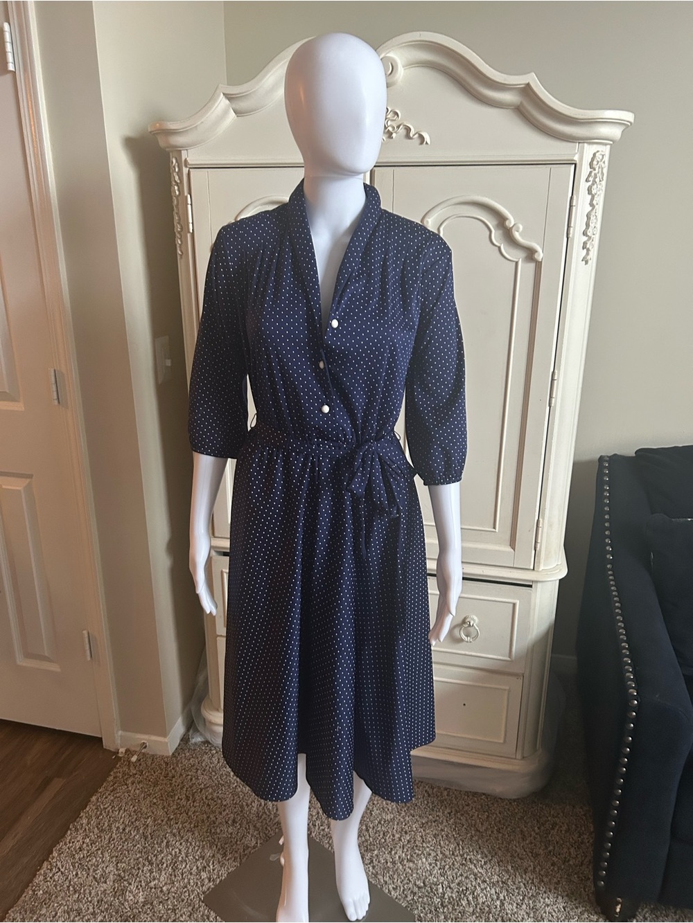Vtg Classic Navy Polka Dot Midi Dress